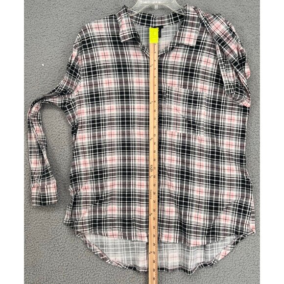Rue 21 Women's Black/Pink Plaid Button Down Long Sleeve Stretch Shirt Size XL - Picture 7 of 10